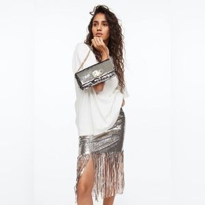 H&M Fringe-trimmed Sequined Skirt in Metallic Silver NWT